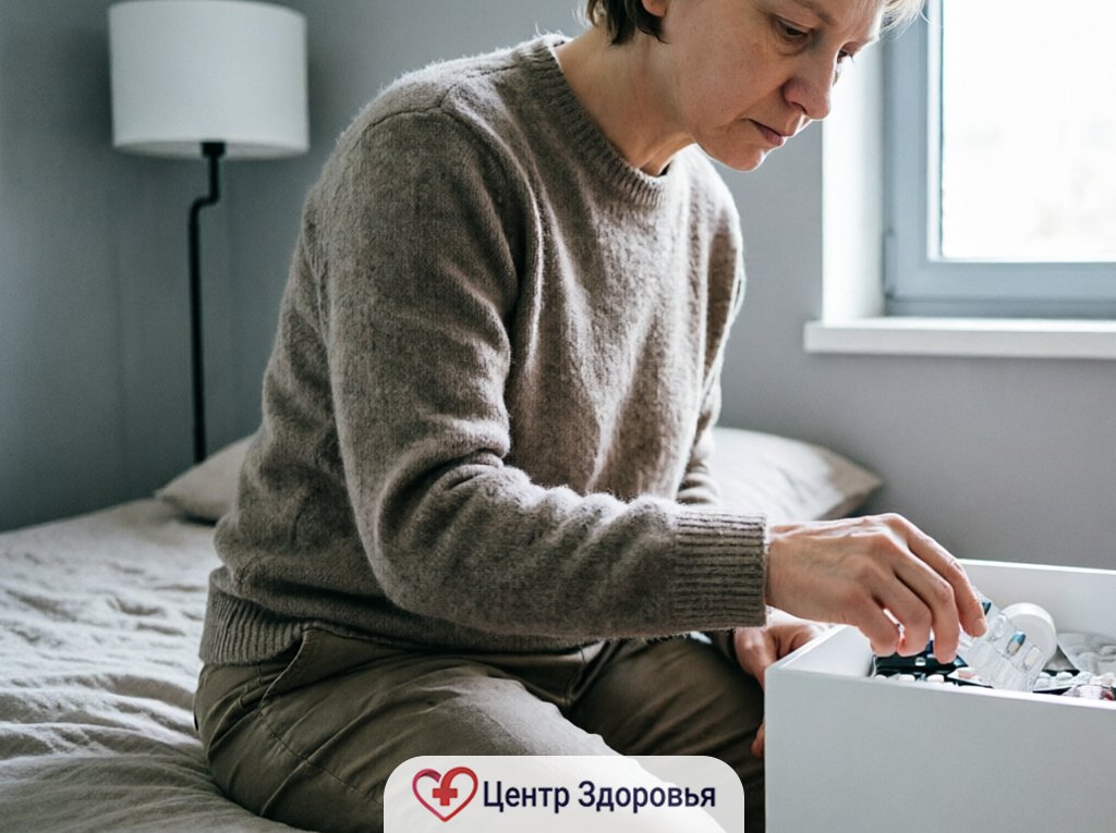 Человек достаёт таблетки из тумбочки в домашней обстановке